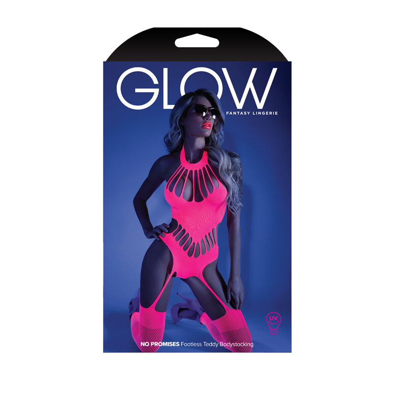 GLOW NO PROMISES Footless Teddy Bodystocking - Glow in Dark Pink - One Size