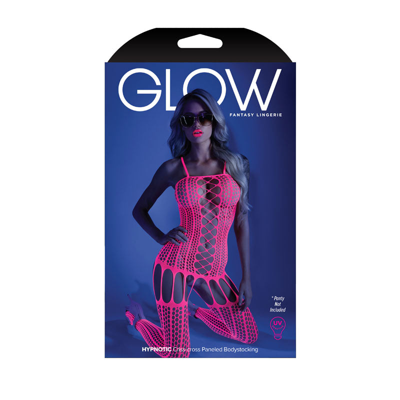 GLOW HYPNOTIC Criss-Cross Paneled Bodystocking - Glow in Dark Pink - One Size