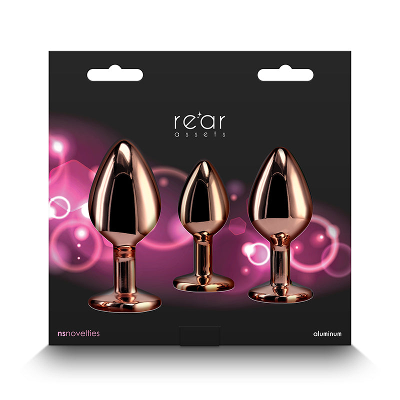 Rear Assets Trainer Kit - Rose Gold - Pink - Rose Gold Metallic Butt Plugs with Pink Gems - Set of 3 Sizes