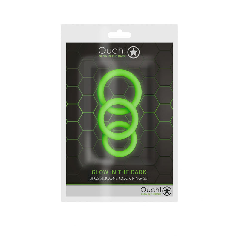 OUCH! Glow In The Dark Cock Ring Set - Glow in Dark Cock Rings - Set of 3 Sizes